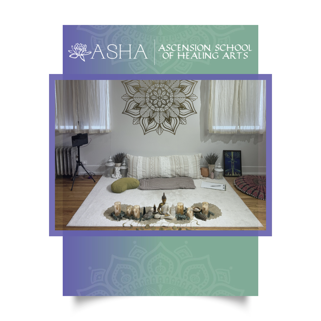 The ASHA studio floor set with a large mandala wall hanging and bolster