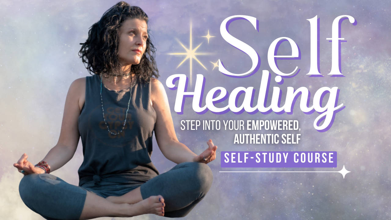 Self Healing Self-Study Course cover: a woman seated in meditation with her hands open